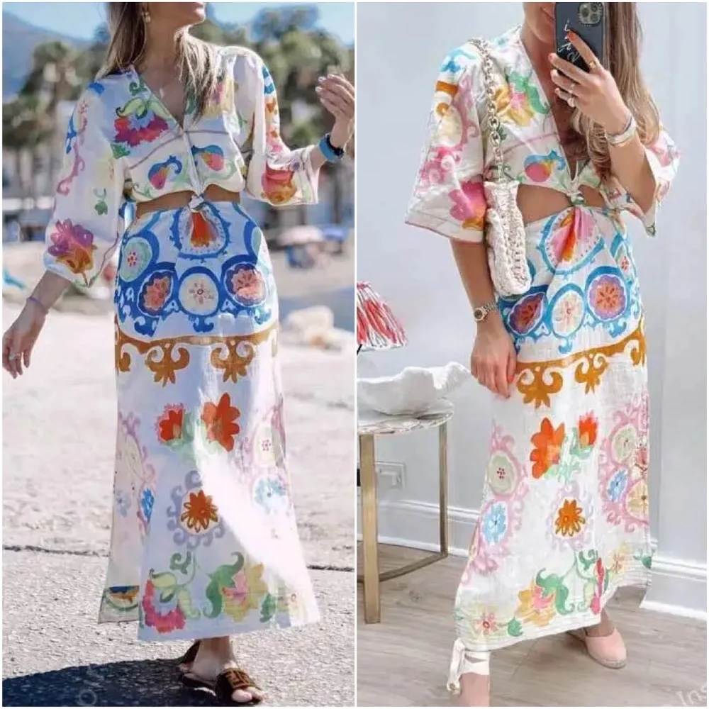 07 Boho Floral Tropical Print Cut out Short Sleeve Dress - Picture 7 of 7
